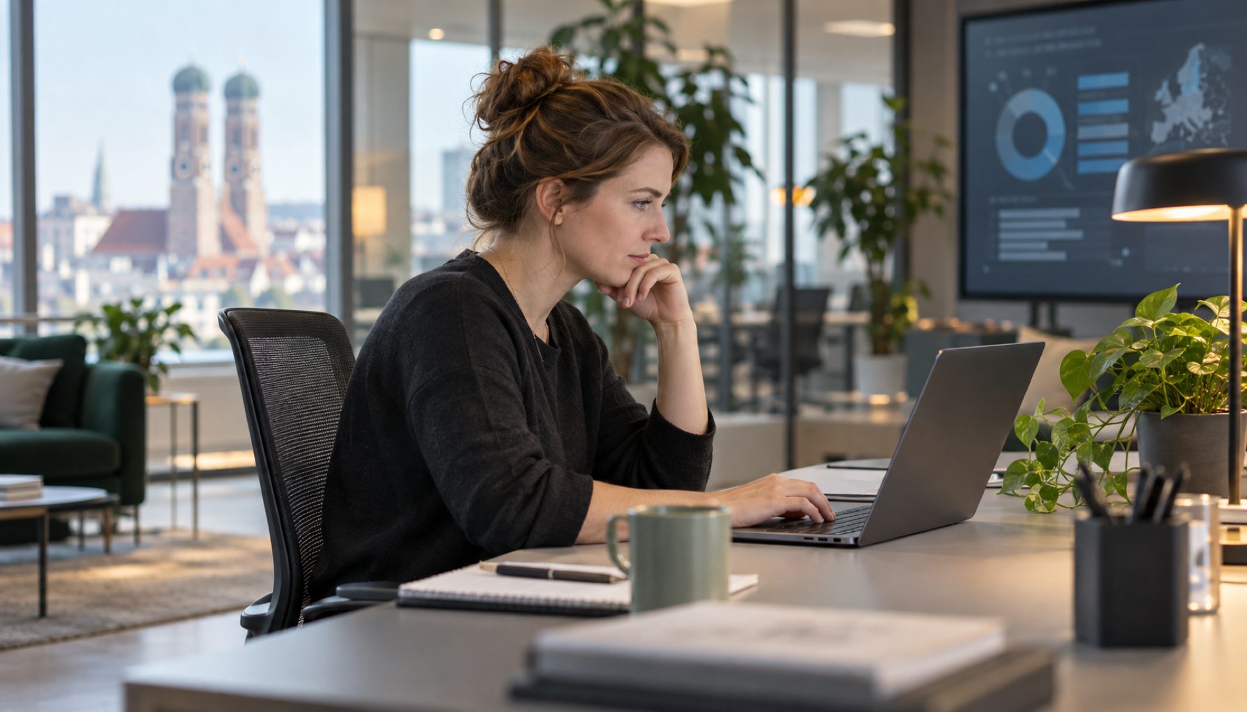 Eine IT-Architektin liest konzentriert einen Fachbeitrag am Laptop