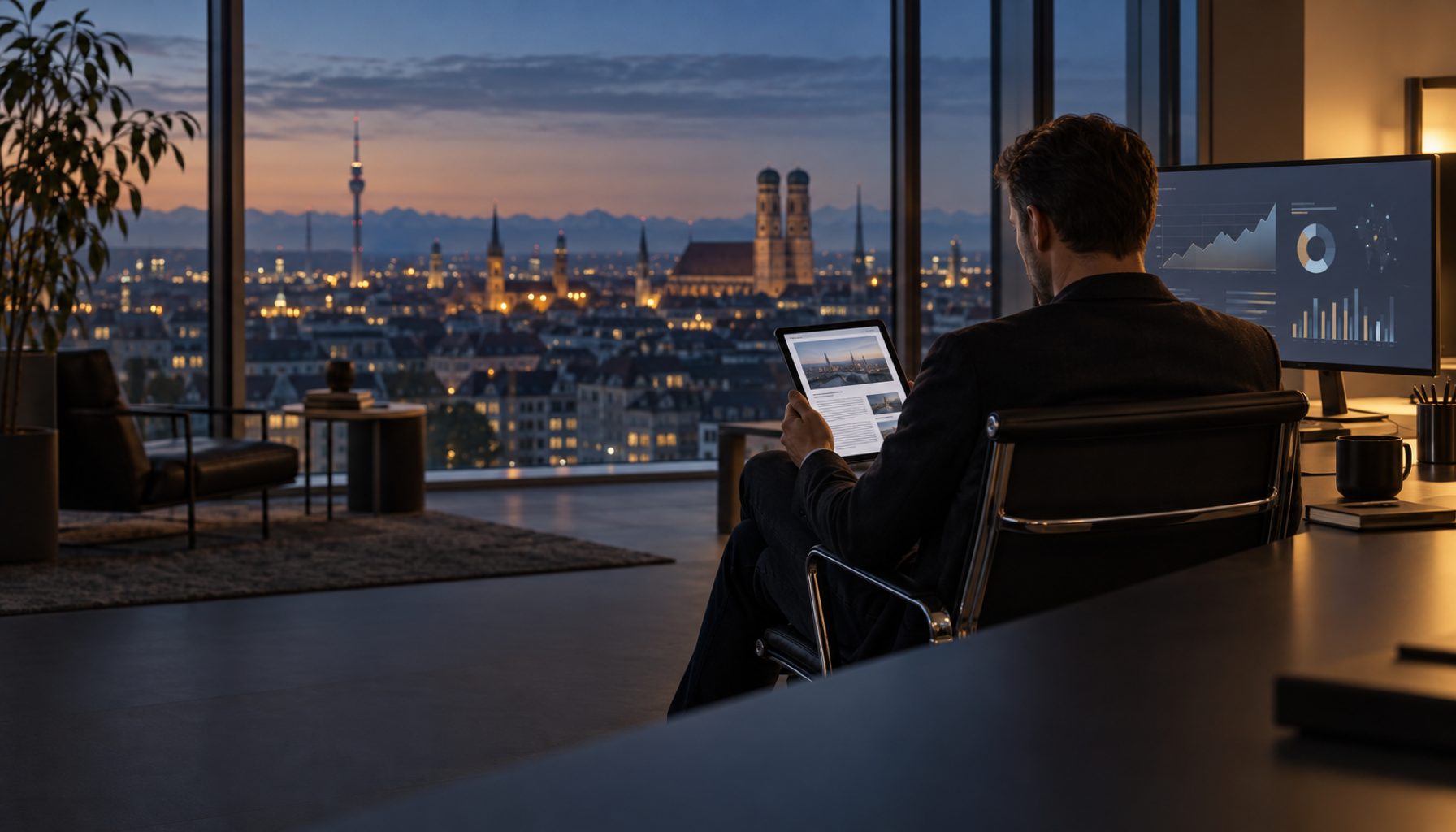 Ein IT-Entscheider liest am Abend in einem Münchner Büro einen Fachbeitrag auf dem Tablet