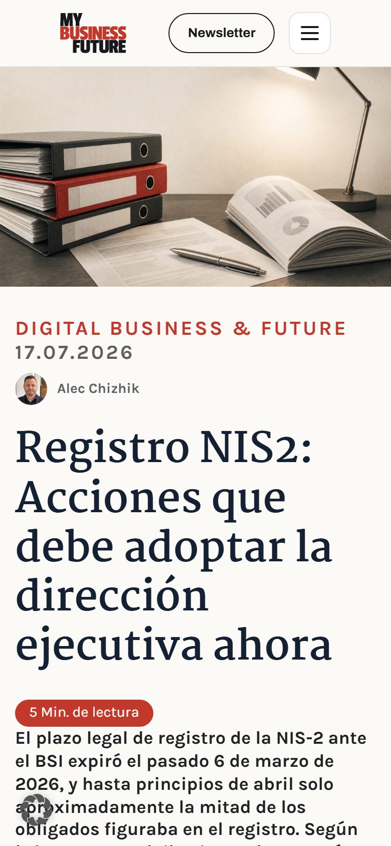 Artículo MyBusinessFuture, vista de smartphone