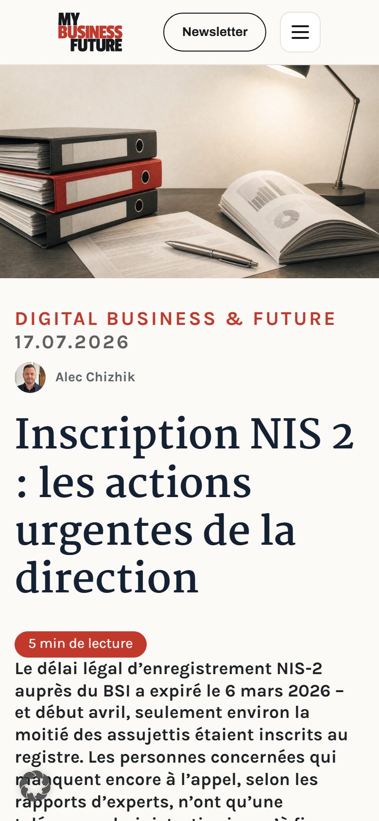 Article MyBusinessFuture, vue smartphone