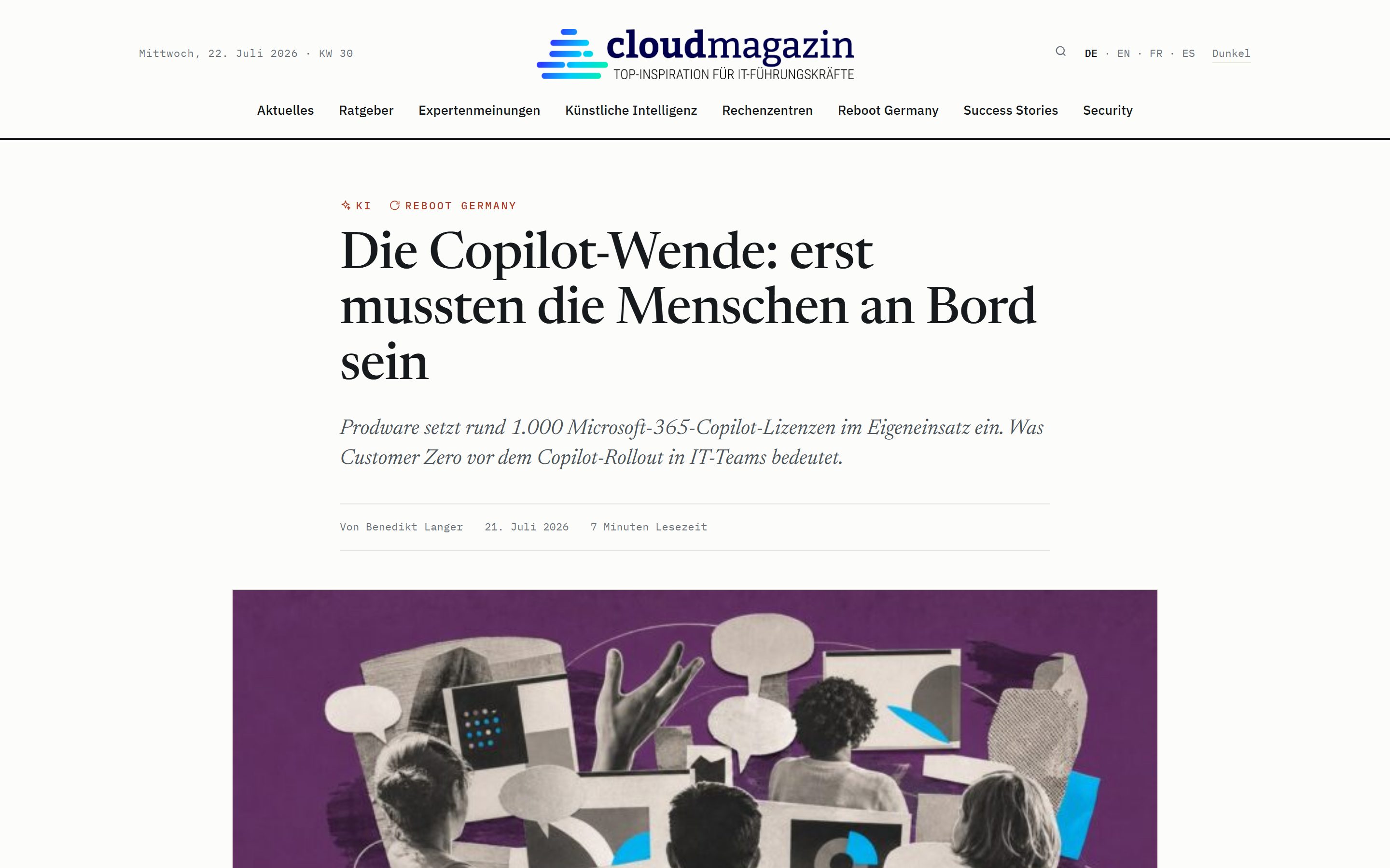 Prodware-trade article zur Copilot-Adoption im cloudmagazin, desktop view